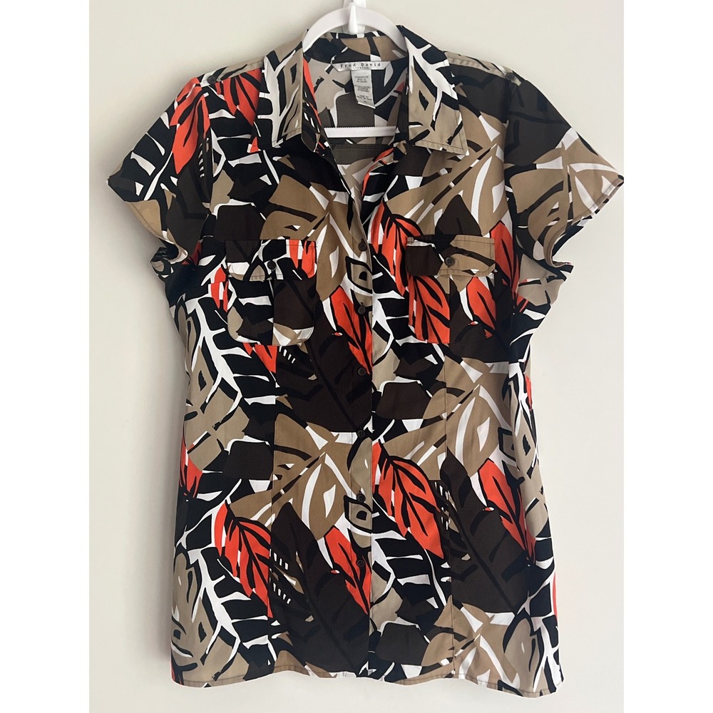 Fred David Womens XL Short Sleeve Tropical Leaf Button Up Shirt Orange Brown Tan
